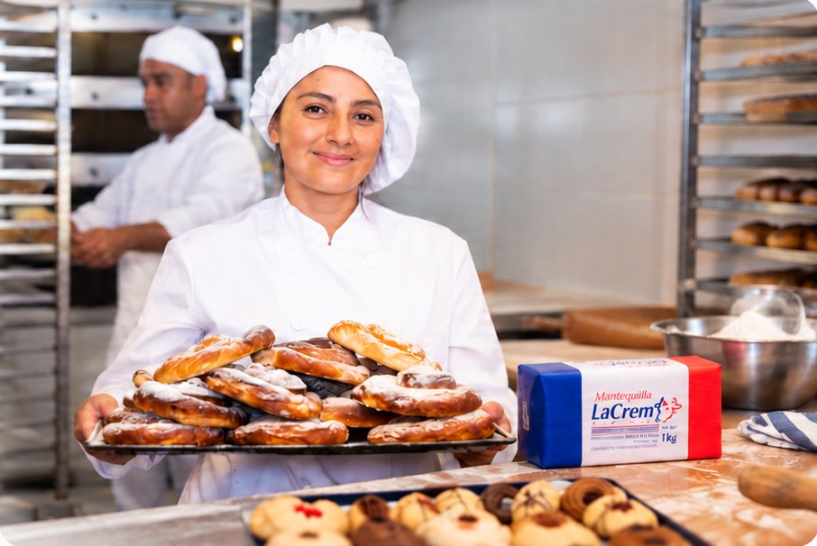 Panadera trabajando con mantequilla La Crem