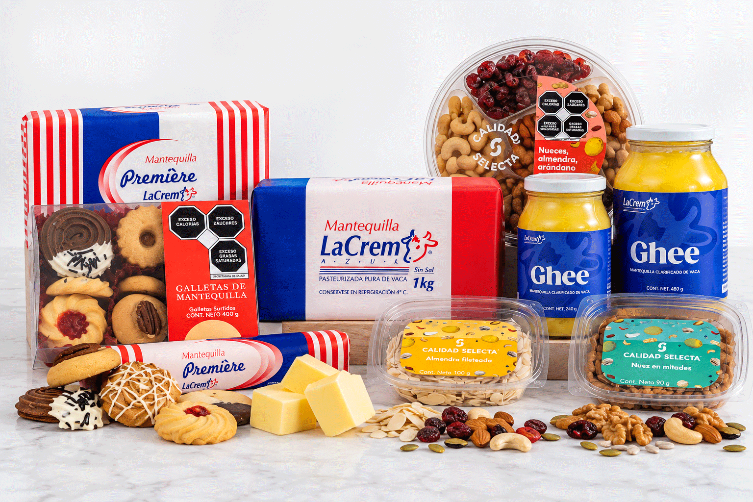 Familia de productos Grupo Profsa: mantequillas La Crem, galletas Première, ghee y frutos secos Calidad Selecta